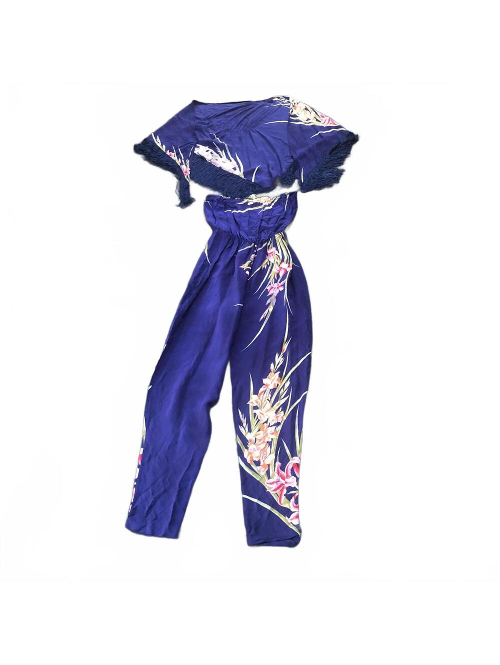 Vintage Barbara Barbara California Blue Floral Rayon Jumpsuit with Shawl